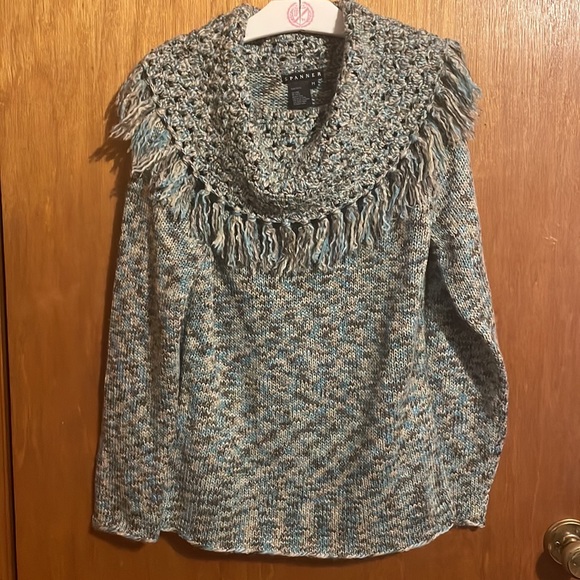 •SPANNER•NWOT TEAL/TAN/OATMEAL COWLNECK SHAWL FRINGE KNIT SWEATER SIZE MEDIUM - Picture 6 of 10